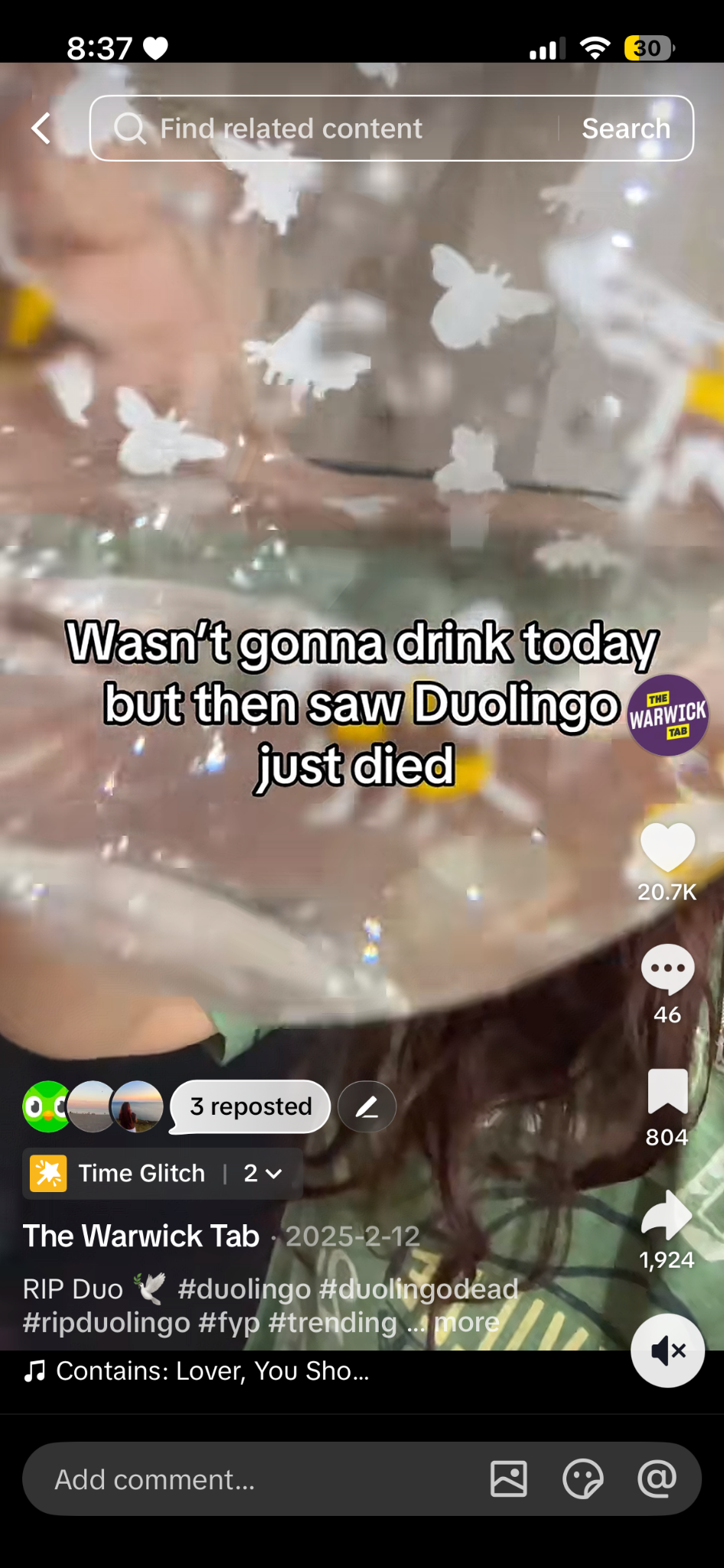 Warwick Tab Duolingo TikTok with 20.7 thousand likes